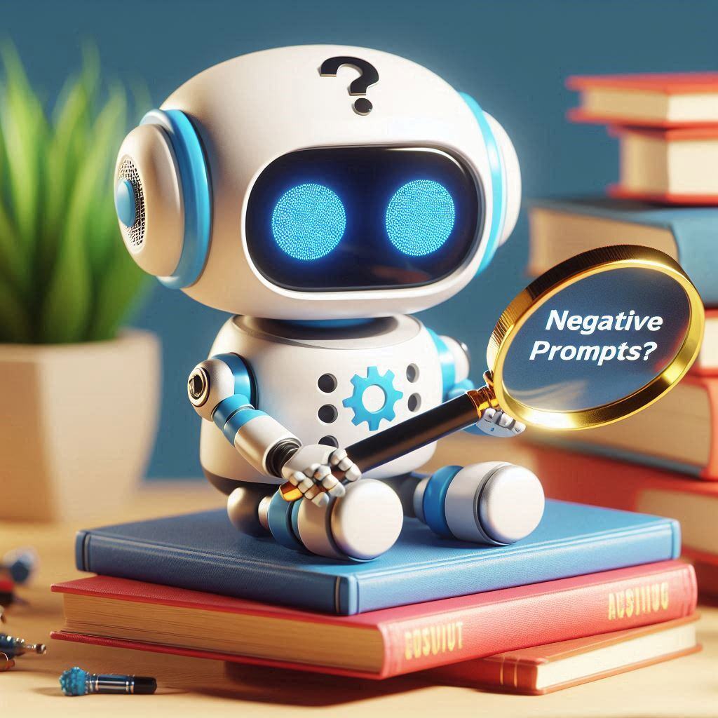 Illustration of a cute robot holding a magnifying glass labeled 'Negative Prompts?', symbolizing the concept of refining AI outputs by avoiding certain elements.