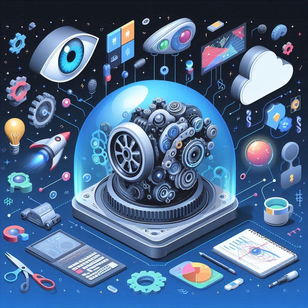 Illustration of an AI inference engine surrounded by symbols representing data processing, cloud computing, and various technology tools.