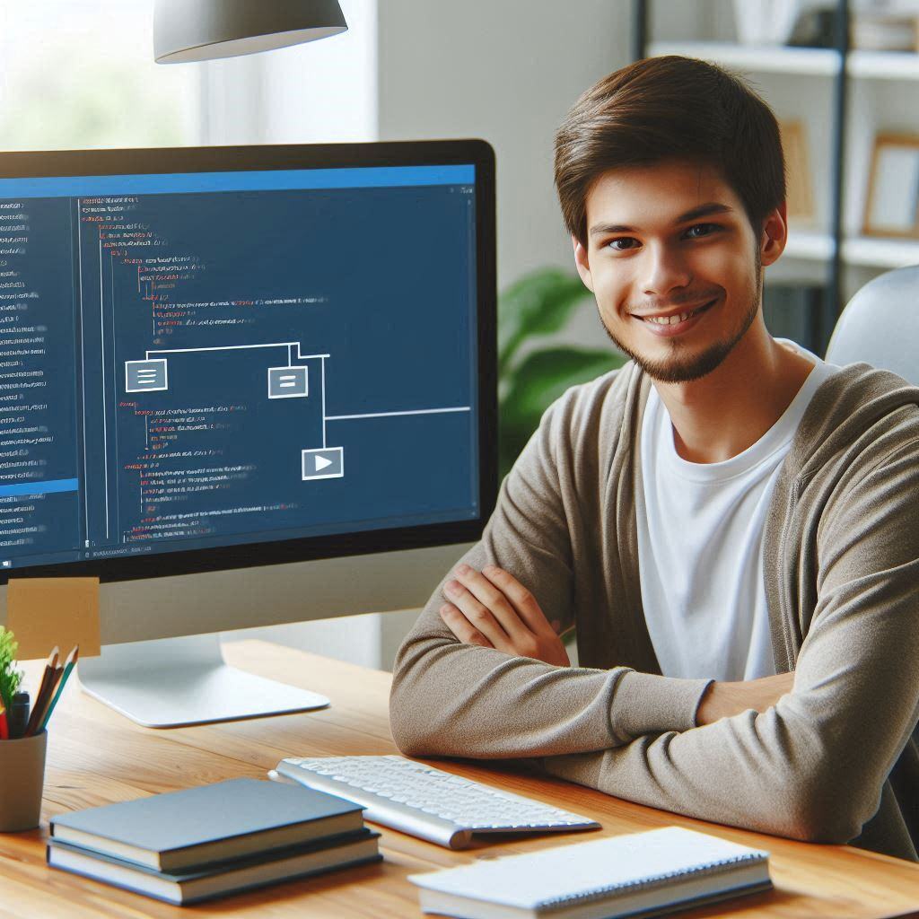 Young professional smiling at his desk with a computer screen displaying a no-code development interface, showcasing how no-code platforms simplify software creation without traditional coding.