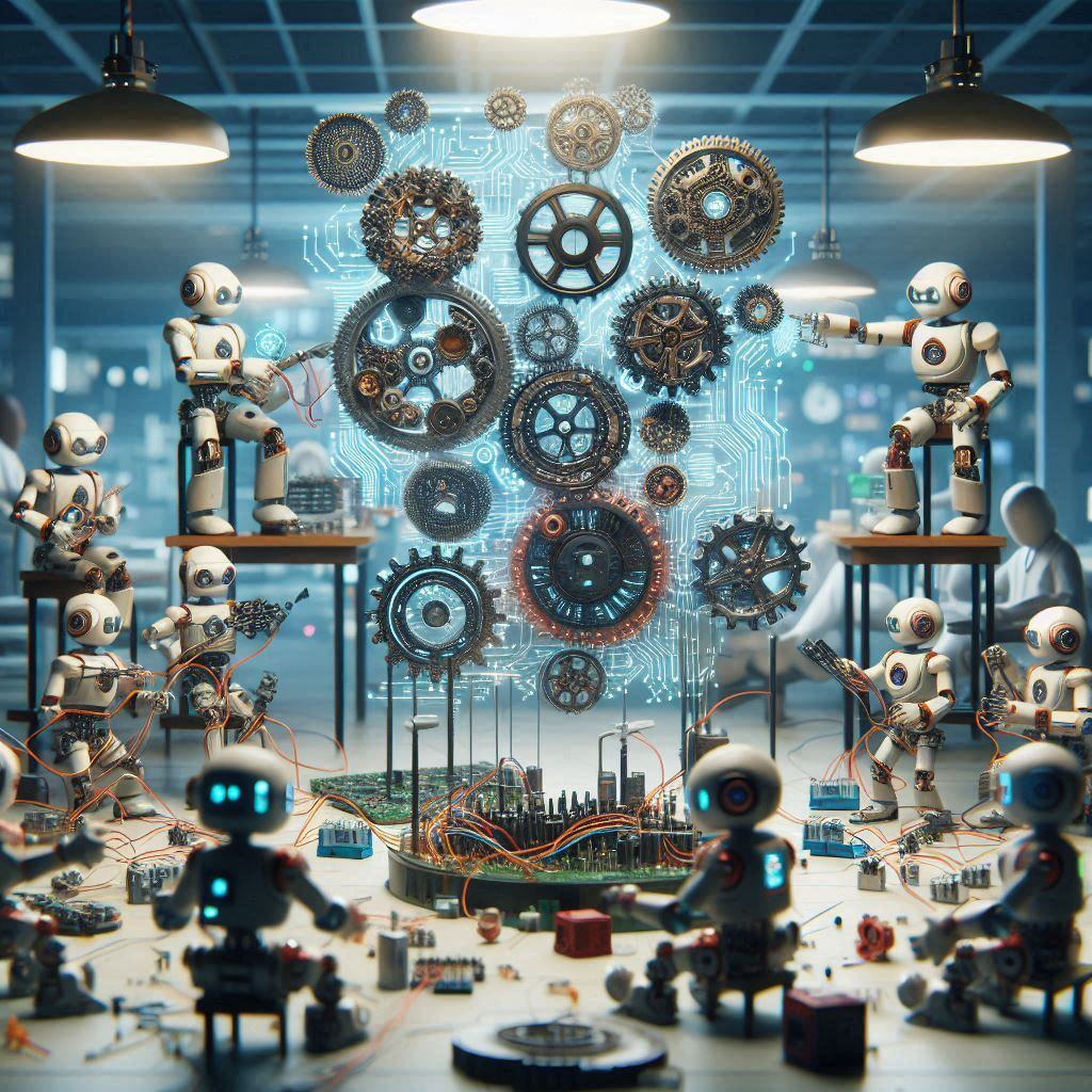 Robots and mechanical gears depicting the evolution of artificial intelligence (AI) in a futuristic lab setting, showcasing the development from early mechanical computing to advanced modern AI systems.