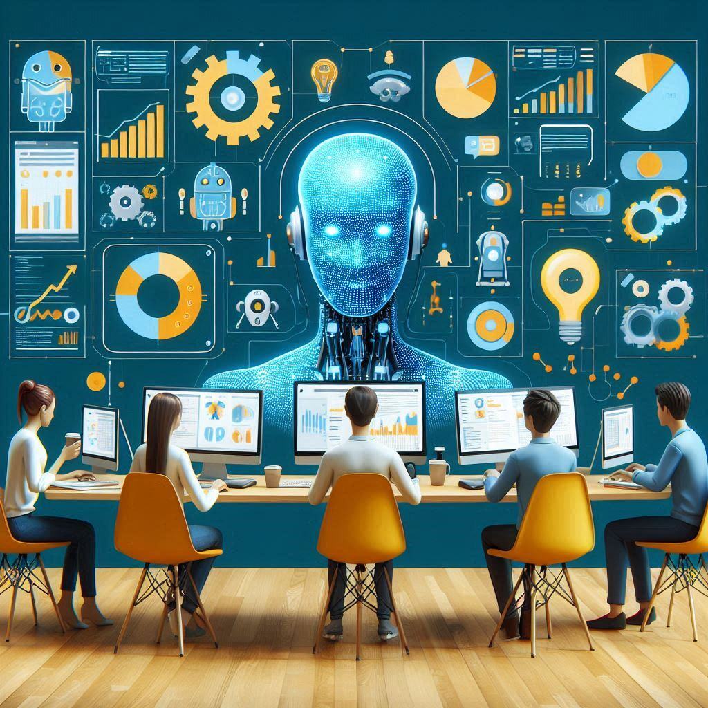 People working at computers with a central AI figure and multiple interconnected icons, showcasing the concept of why multi-agents are essential for handling complex tasks in artificial intelligence.